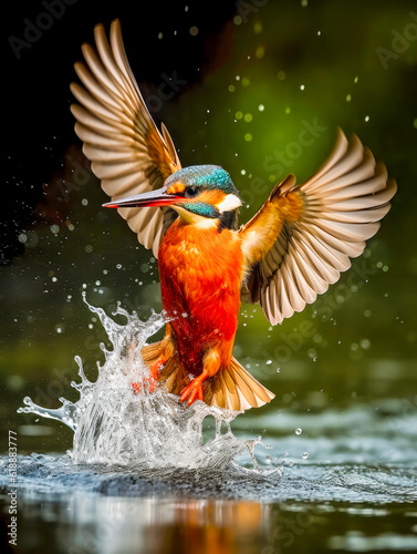 Flying kingfisher fishing in clear water, Generative AI