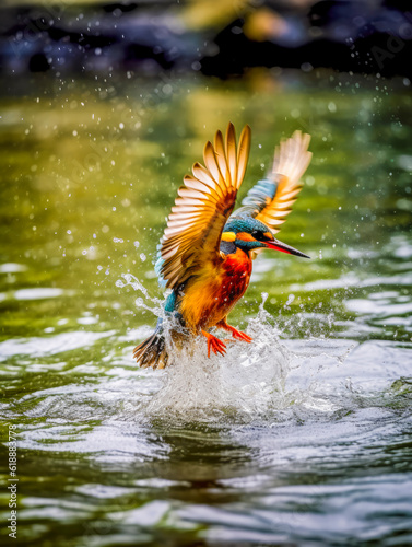 Flying kingfisher fishing in clear water, Generative AI © pwmotion