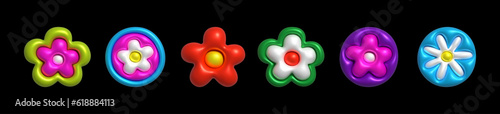Inflatable flower set. Inflated 3D element with the plasticine effect. Vector illustration