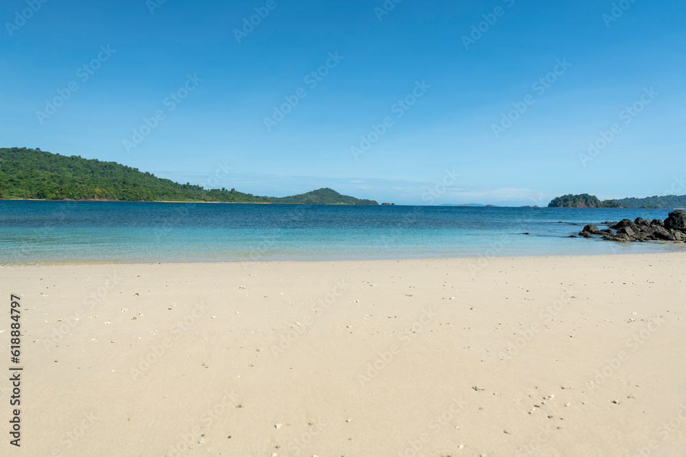 Summer beach and sea with clear sky background, Coiba island, Panama - stock photo Summer beach and sea with clear sky background, Coiba island, Panama - stock photo