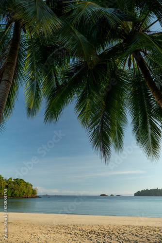 Summer beach and sea with clear sky background  Coiba island  Panama - stock photo