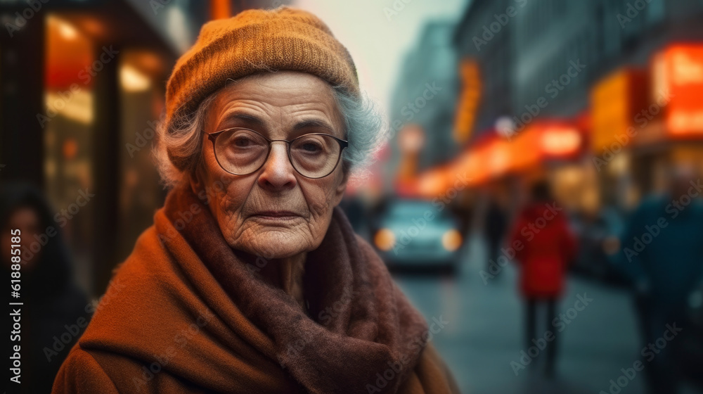 a lonely old woman on a street in the big city, fictional person and place, Generative Ai