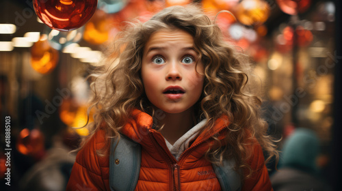 Joyful Astonishment. Young Girl's Shocked Expression Amidst a Sea of Toys. Childhood Wonder. AI Generative