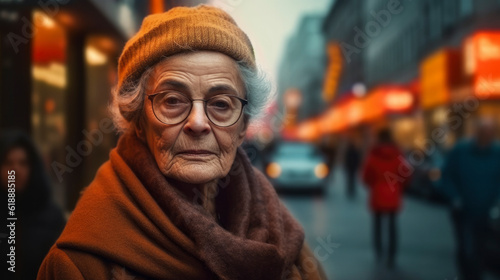 a lonely old woman on a street in the big city, fictional person and place, Generative Ai