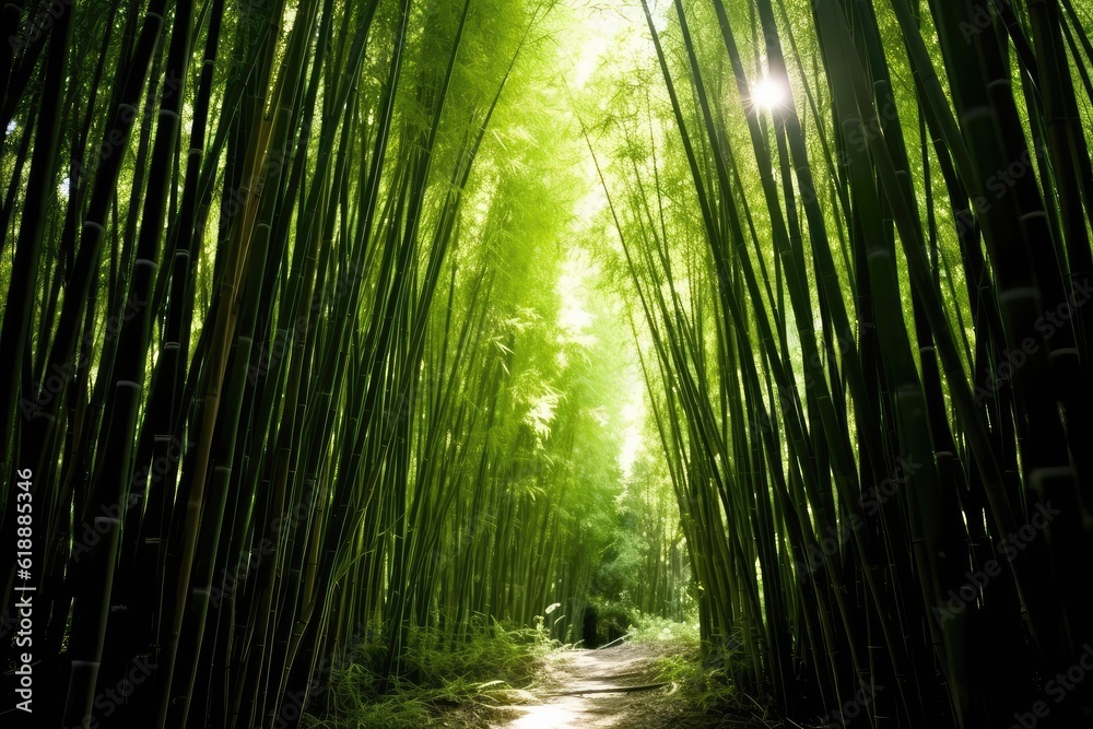 Fototapeta premium Sunlit Path Through Lush, Verdant Bamboo Forest