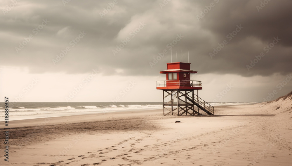 Tranquil lifeguard hut on abandoned coastline generated by AI Tranquil lifeguard hut on abandoned coastline generated by AI