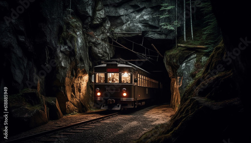 Old fashioned cable car illuminates dark mountain night generated by AI