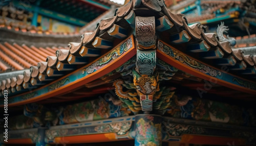 Ancient pagoda roof decorated with dragon pattern generated by AI