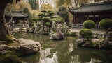 Tranquil pond reflects ancient pagoda in nature generated by AI