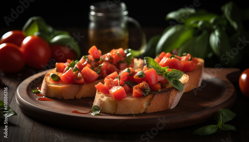 Toasted ciabatta with grilled mozzarella and tomato generated by AI