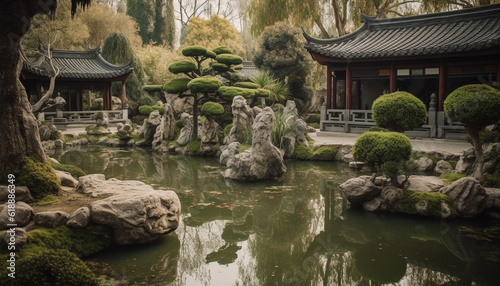 Tranquil pond reflects ancient pagoda in nature generated by AI