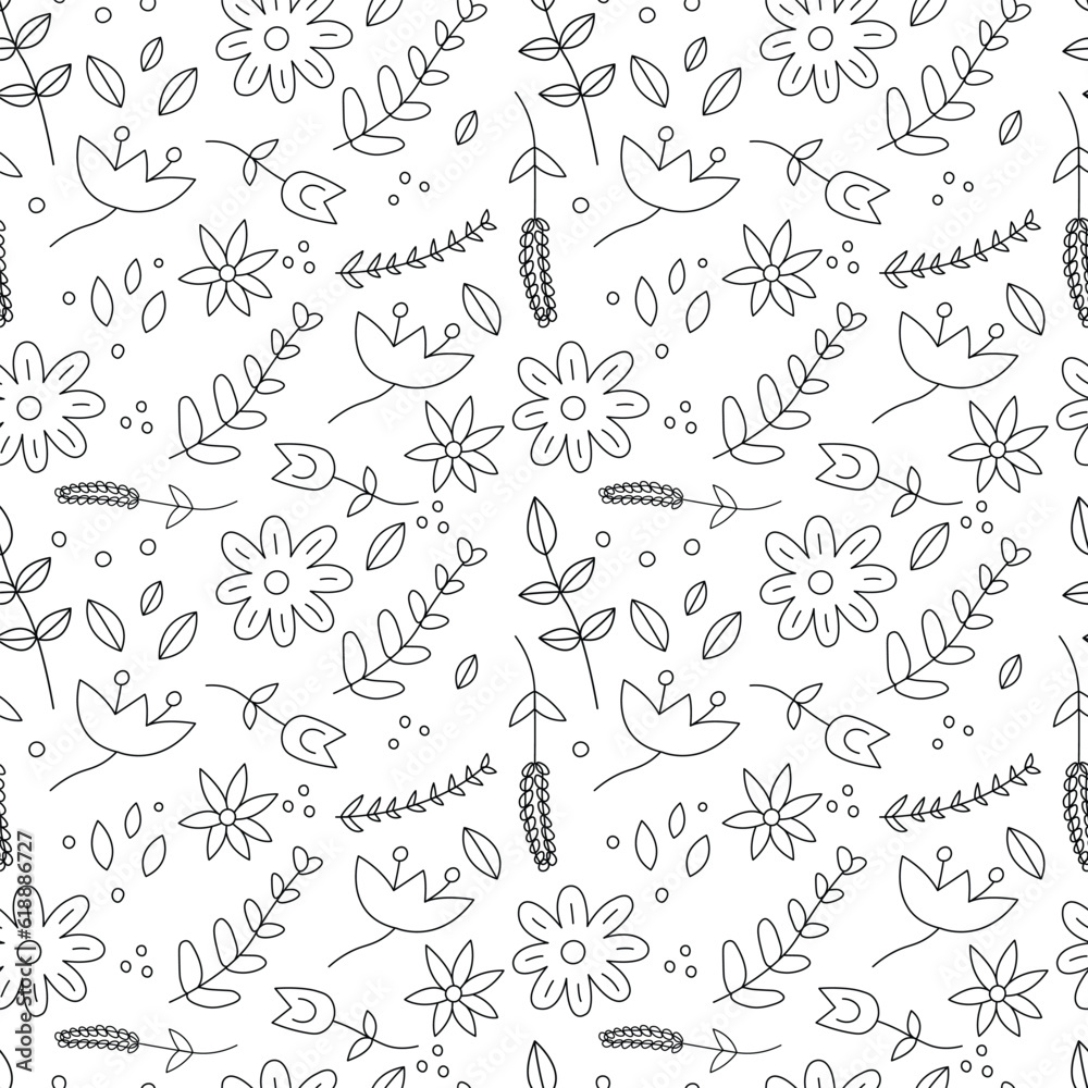Seamless pattern black and white doodle illustration. Floral background with leaves and flower.