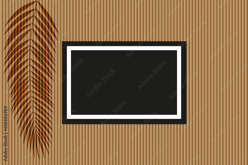 Empty photo frame mockup with shadow from palm leaf. Landscape copy space poster or picture frame.
