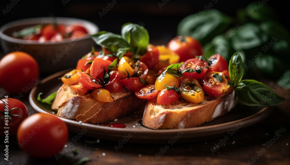 Grilled ciabatta with mozzarella, tomato, and herbs generated by AI