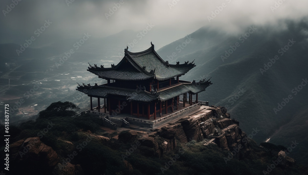 Ancient pagoda atop majestic mountain peak, surrounded by nature generated by AI