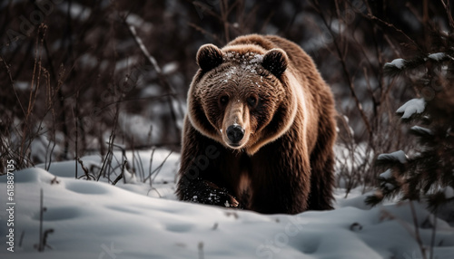 Majestic grizzly bear walking in snowy forest generated by AI