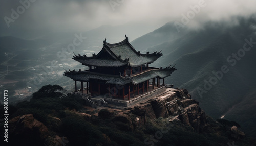 Ancient pagoda atop majestic mountain peak, surrounded by nature generated by AI