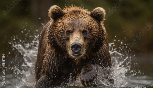 Grizzly bear running through wet forest pond generated by AI