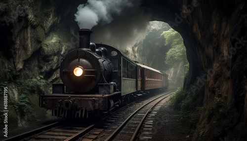 Steam train chugs through old forest landscape generated by AI