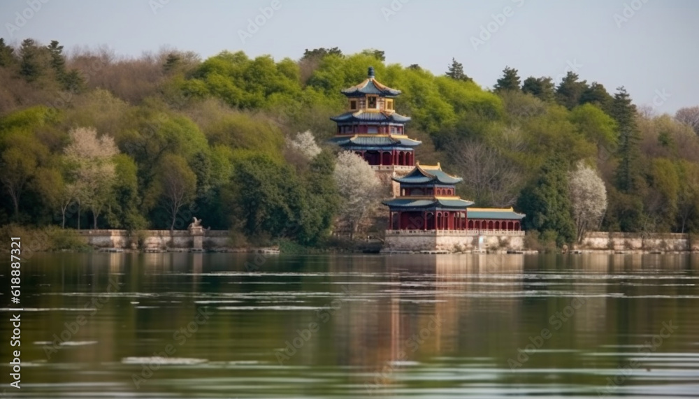 Ancient pagoda reflects in tranquil pond water generated by AI Ancient pagoda reflects in tranquil pond water generated by AI