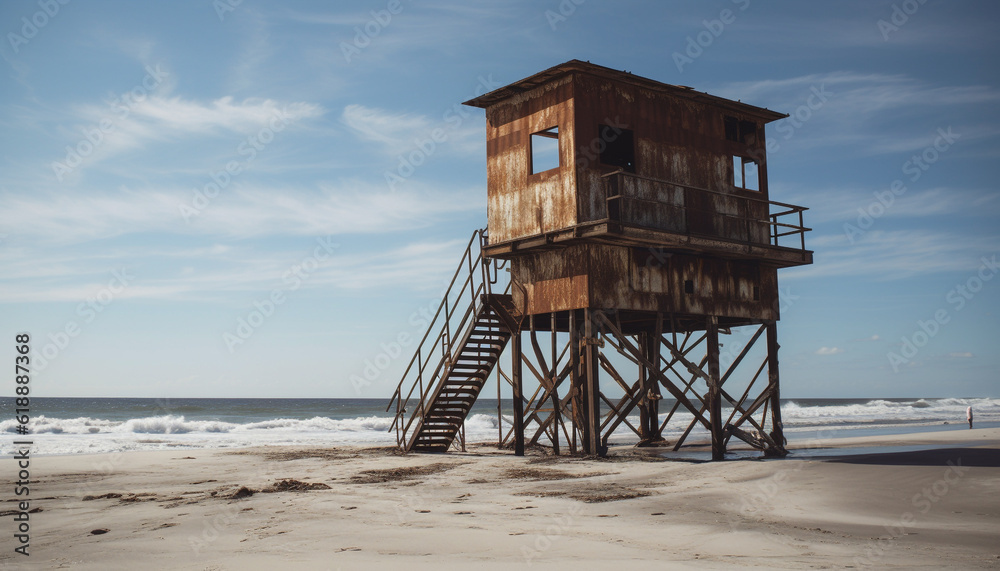 Weathered lifeguard hut overlooks tranquil seascape beauty generated by AI