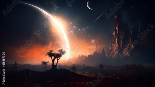A space landscape featuring a couple planets and storms, in the style of depth of field, majestic, sweeping seascapes, captivating light, celestialpunk, nebula, starship