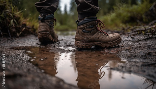 Wet hiking boot splashing through muddy forest path generated by AI
