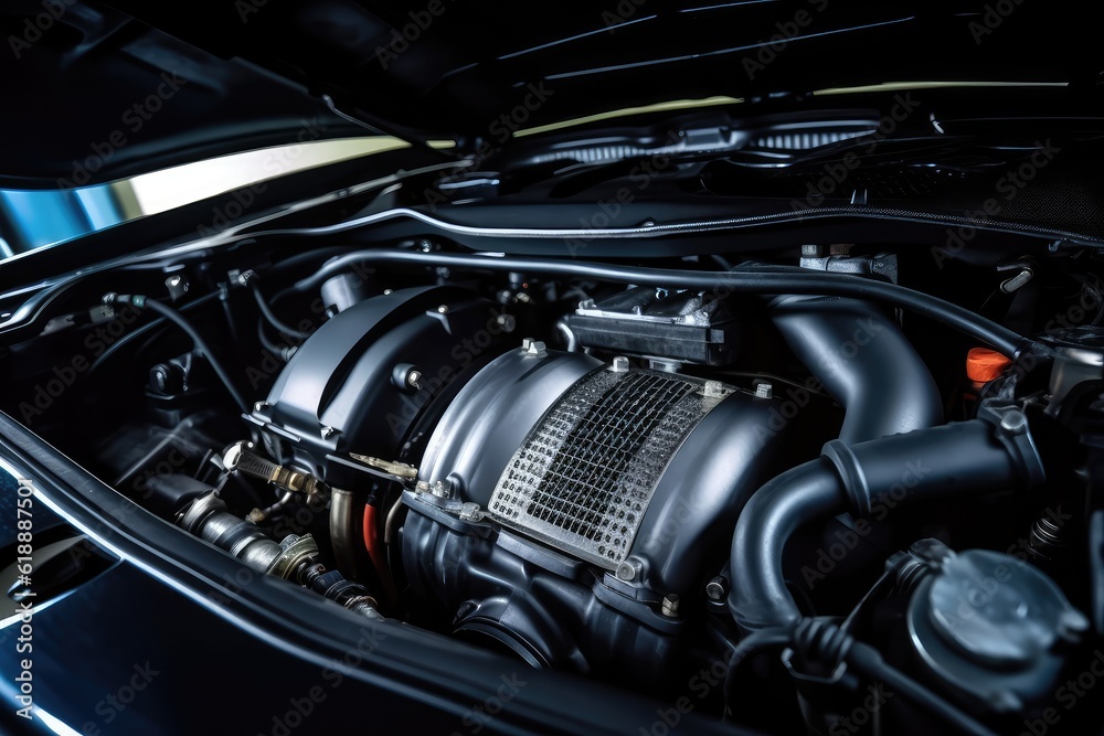 Sleek Black Car Engine Bay: Detailed Close-up of V6 Intake Manifold Sleek Black Car Engine Bay: Detailed Close-up of V6 Intake Manifold