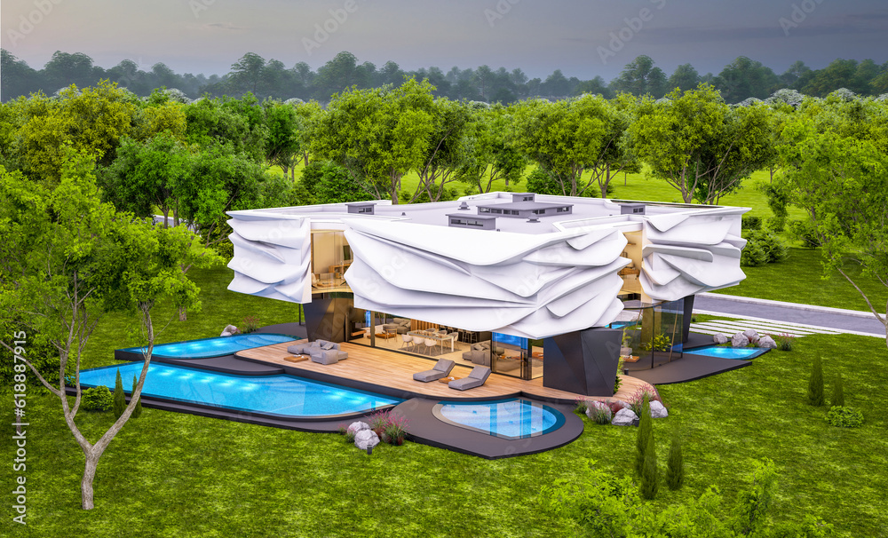 3d rendering of cute cozy modern house with bionic natural curves plastic forms with parking and pool for sale or rent with beautiful landscape. Clear summer evening with cozy light from window 3d rendering of cute cozy modern house with bionic natural curves plastic forms with parking and pool for sale or rent with beautiful landscape. Clear summer evening with cozy light from window
