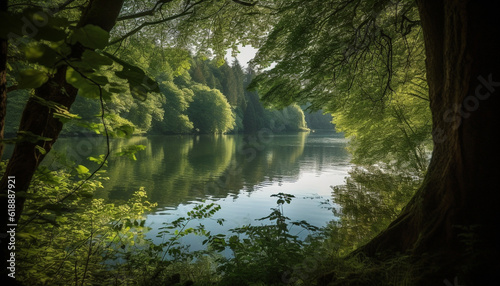 Tranquil scene of autumn forest reflection in pond generated by AI