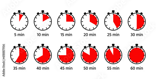 Chronometer deadline symbols with red filling. Timer, stopwatches icons on white background. Circle clocks collection. Countdown timer with different minutes. Vector illustration.