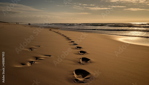 Golden footprints on tranquil sand dune beach generated by AI