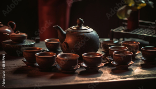 Earthenware teapot on wooden table, rustic design generated by AI