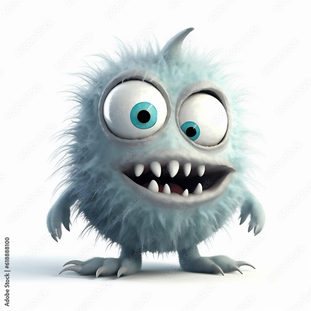 Funny little weird toy monster made out fuzzy fur and looking at camera. Generative ai.