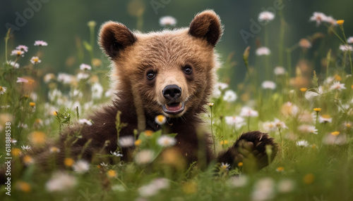 Fluffy panda cub eating dandelion in meadow generated by AI