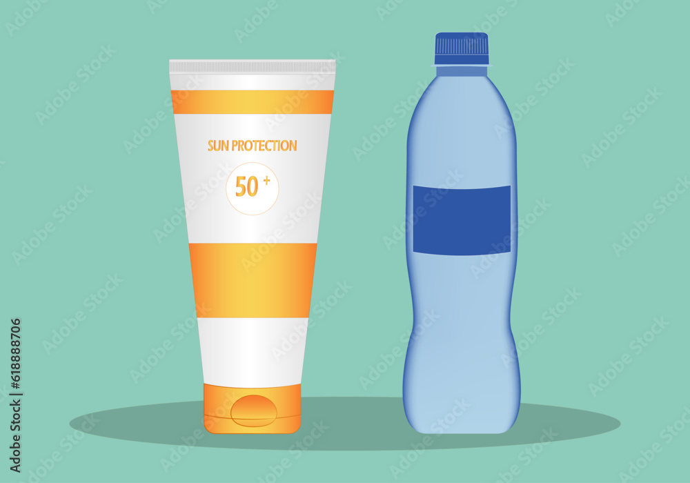 Tubo de protección solar y botella de agua. Ola de calor