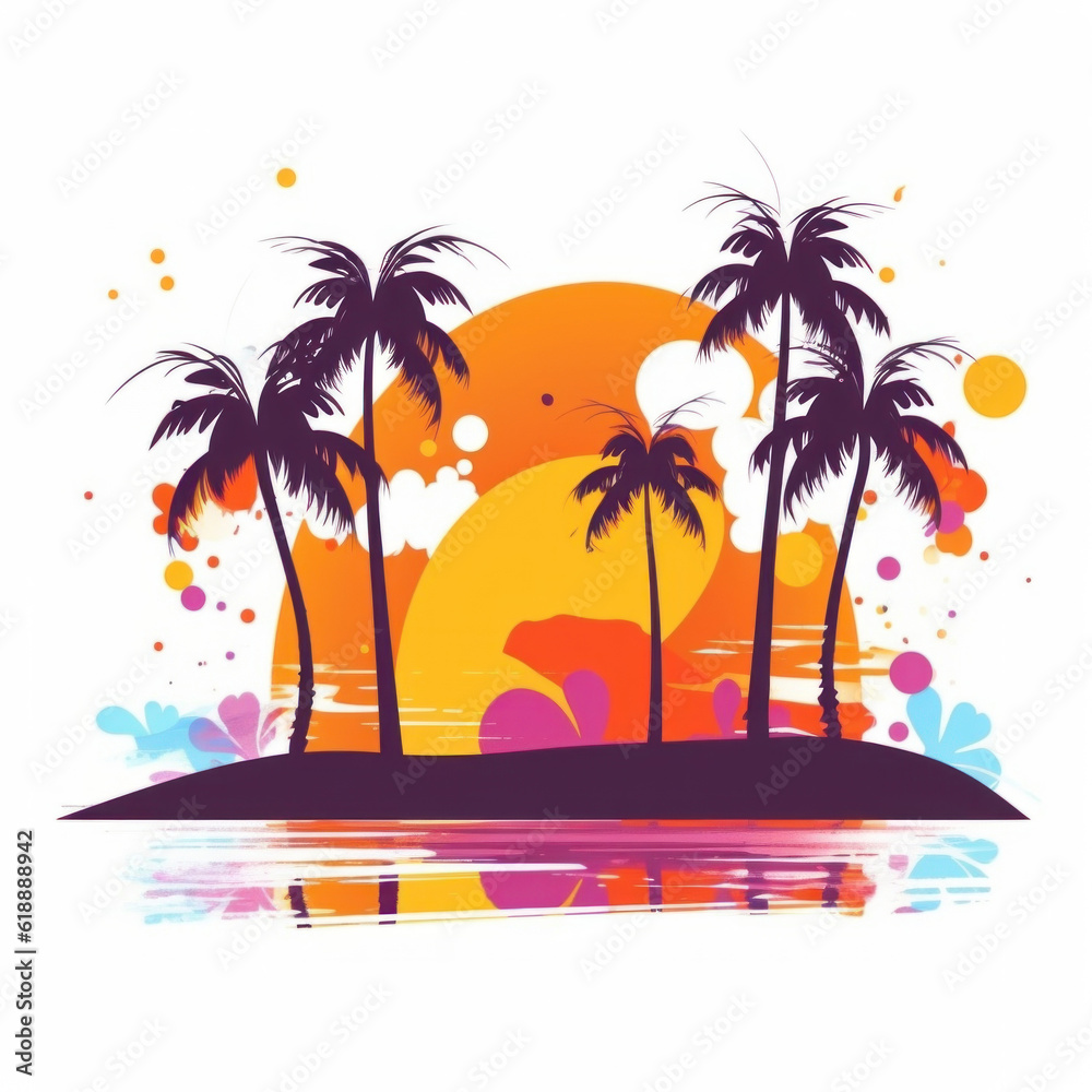 Palm trees silhouette on island, flat illustration, ai generative