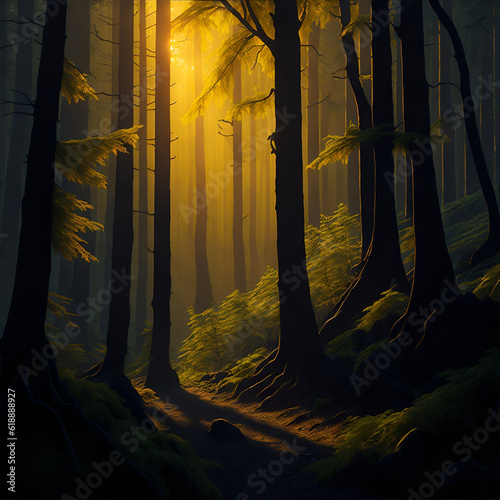 Deep forest, highland landscape. AI generated illustration