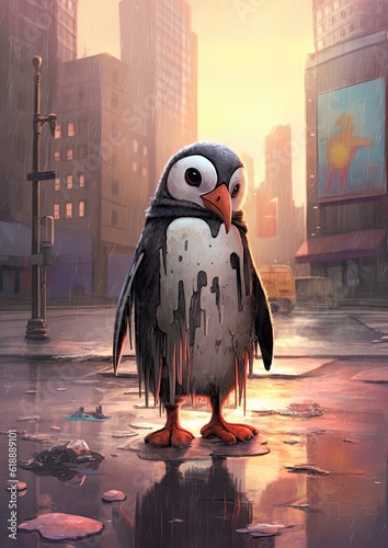 Sad penguin standing in city, heats and clima change. Generative Ai.
