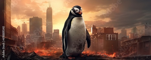 Sad penguin standing in city, heats and clima change, panorama. Generative Ai.