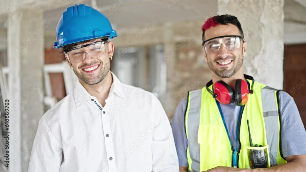 Two men builder and architect smiling confident standing together at construction site Two men builder and architect smiling confident standing together at construction site