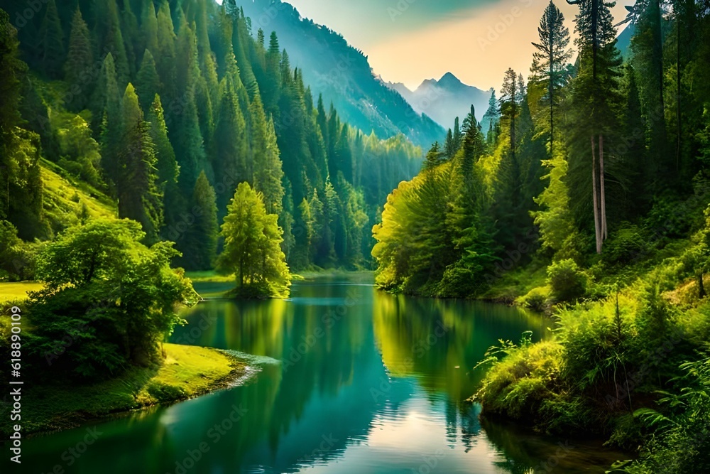 beautiful river in the green forest generated by AI tool