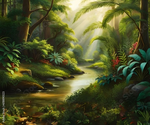 river in the green forest with sun rays generated by AI tool