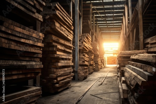 Wallpaper Mural Sunlit Warehouse Aisle: Stacks of Reclaimed Lumber Beams Torontodigital.ca