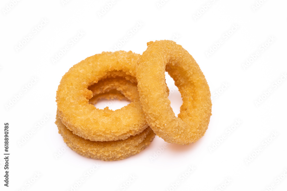 Fried onion rings on white background	