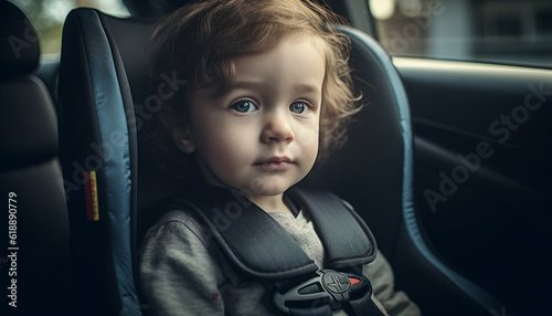 Cute Caucasian toddler smiling in car seat generated by AI