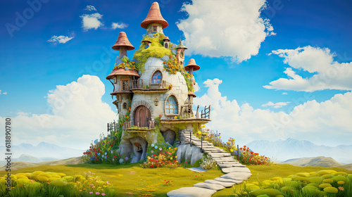 generative ai illustration of a whimsical fairytale fantasy house in a wide green landscape and a blue cloudy sky