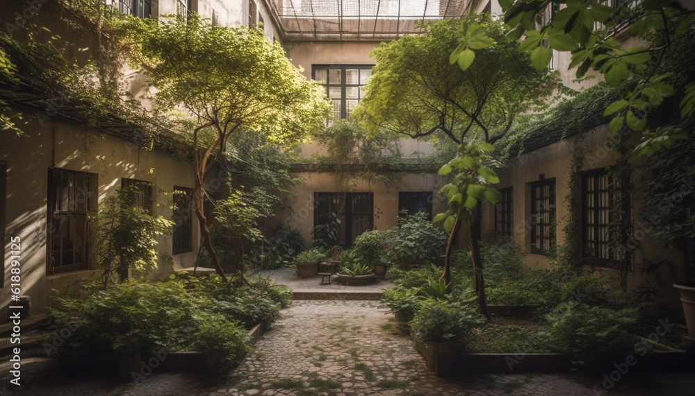 Old brick building surrounded by lush greenery generated by AI