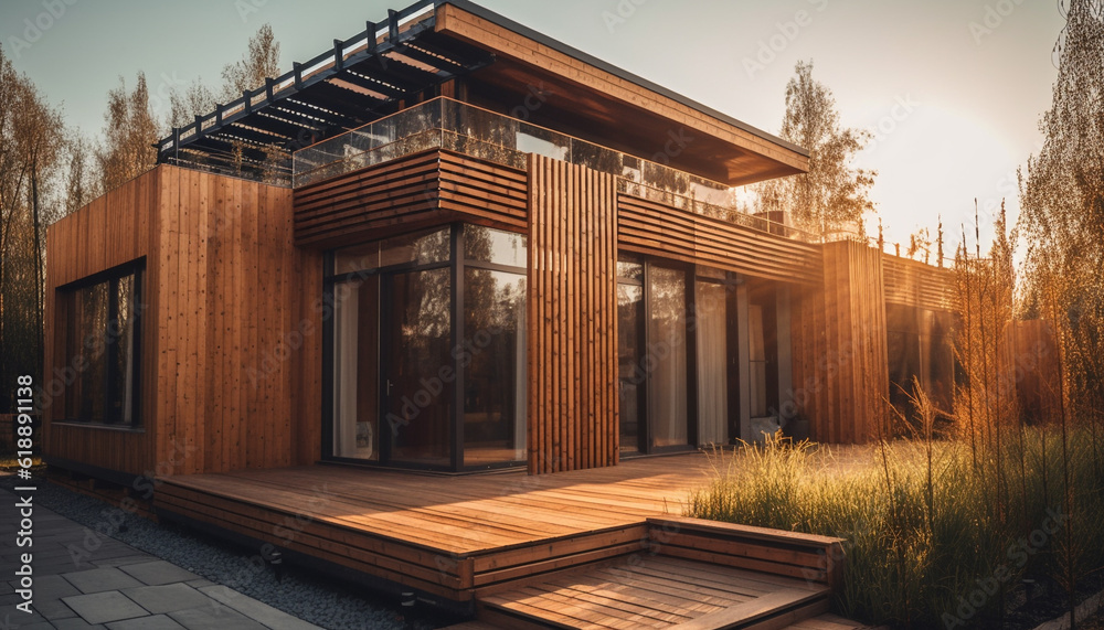 Modern architecture blends with nature elegance outdoors generated by AI