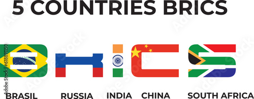 BRICS . Association of 5 countries . Flat simple circle flag design . White isolated background and country map . Vector .